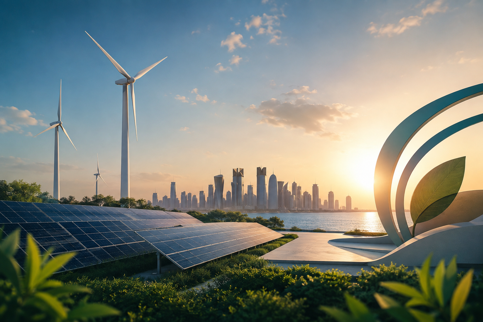 Wind turbines and solar panels with the Doha, Qatar skyline at sunset