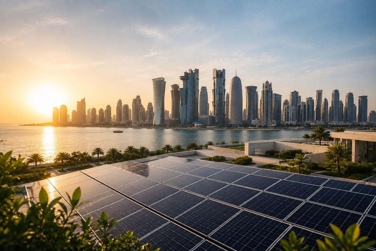 Rooftop solar panels with the Doha, Qatar skyline at sunrise